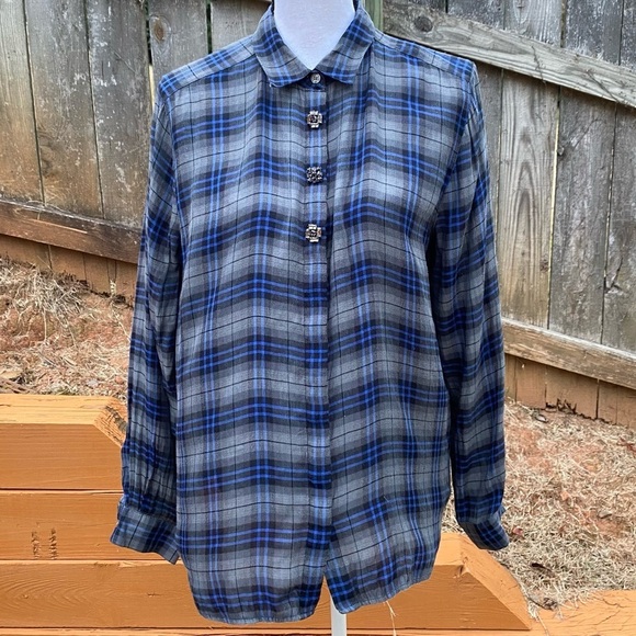 Loft Plaid Long Sleeve Blouse Size Large - Picture 3 of 13